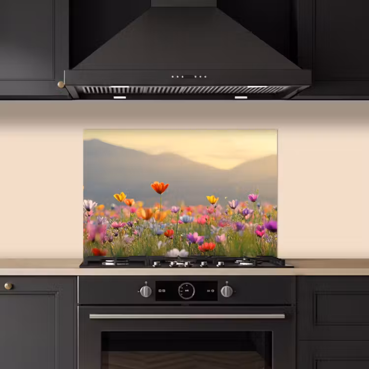Salpicaderos de cocina - Campo de flores - Montañas - Luz del sol - Flores — 5