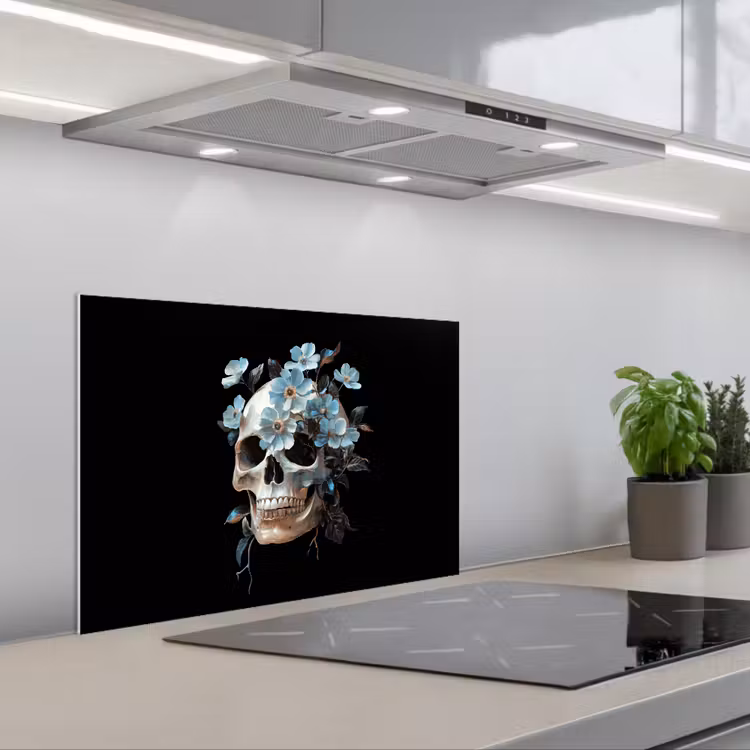 Salpicaderos de cocina - Calavera - Azul - Flores - Hojas — 1