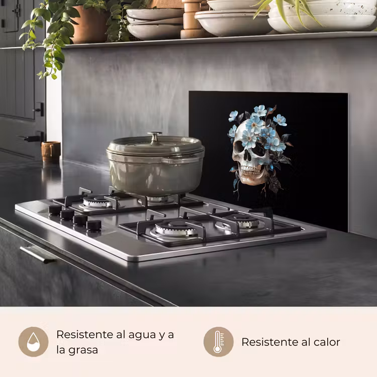 Salpicaderos de cocina - Calavera - Azul - Flores - Hojas — 2
