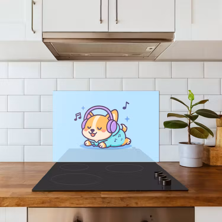 Salpicaderos de cocina - Corgi - Auriculares - Azul - Notas musicales — 3