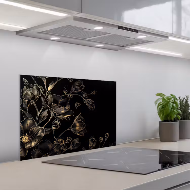 Salpicaderos de cocina - Flores - Arte - Oro - Negro — 1