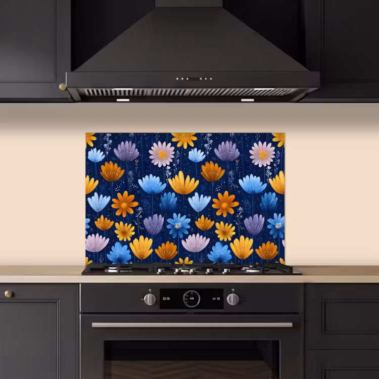 Salpicaderos de cocina - Flores - Estampado - Azul - Contraste — 5