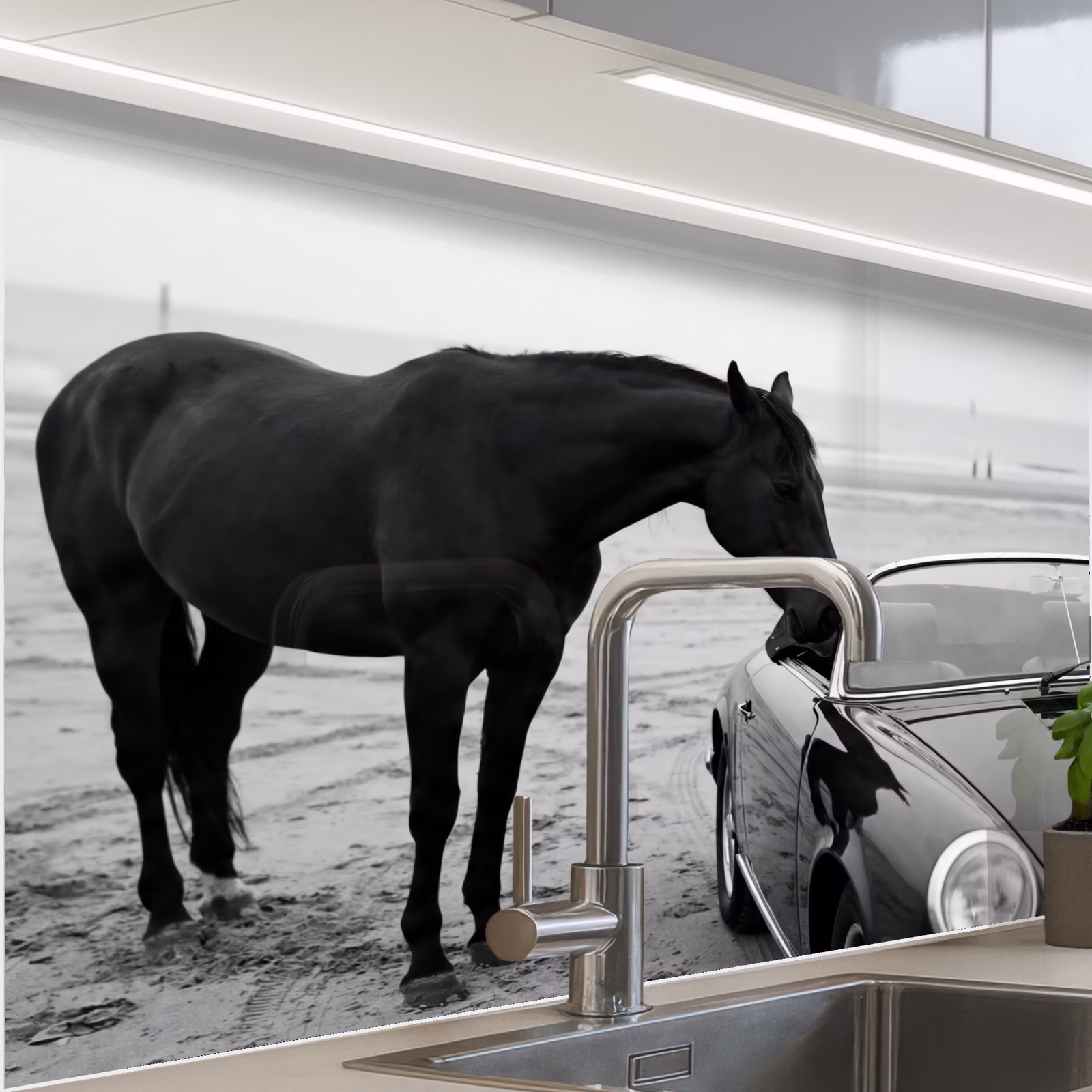 Revestimiento cocina - Caballo - Coche - Negro - Blanco — 1