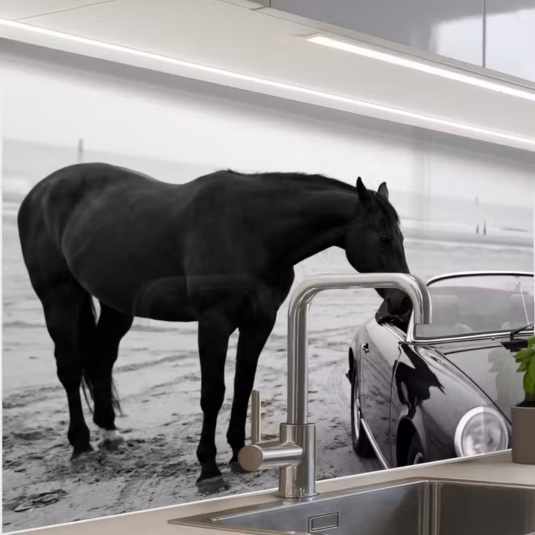 Revestimiento cocina - Caballo - Coche - Negro - Blanco — 1