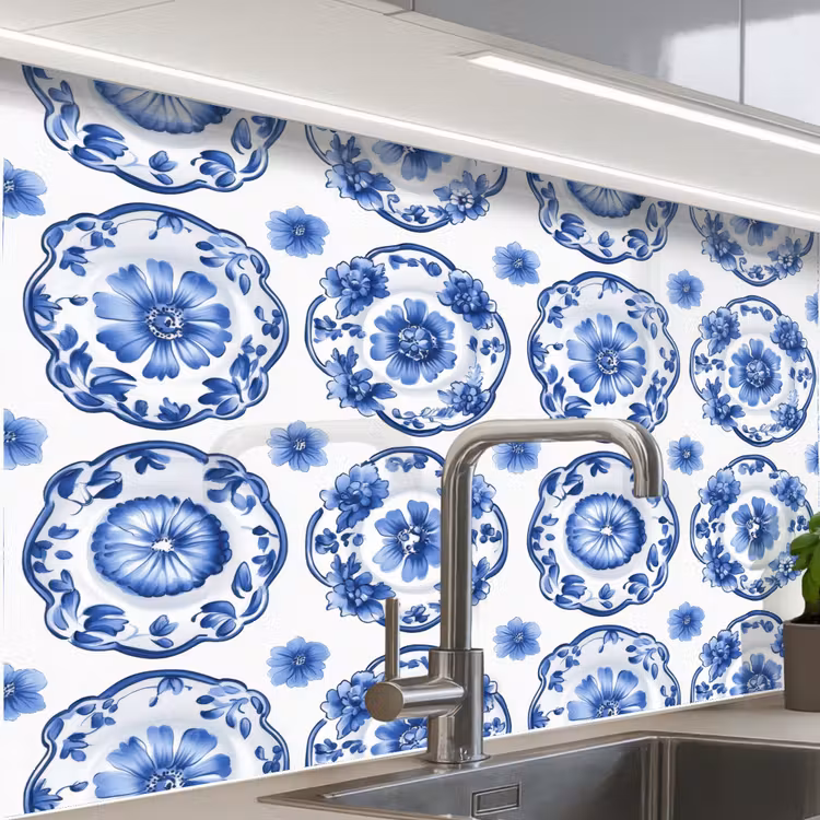 Revestimiento cocina - Platos decorativos - Flores - Azul — 1