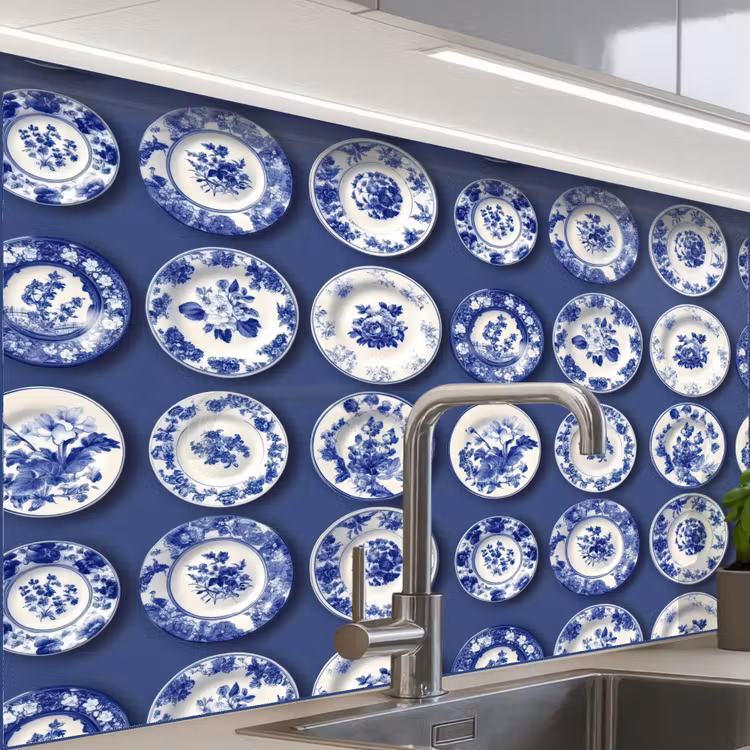 Revestimiento cocina - Platos - Floral - Azul — 1