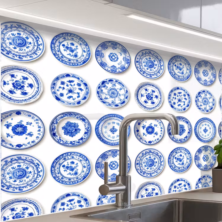 Revestimiento cocina - Platos - Flores - Patrón - Azul — 1