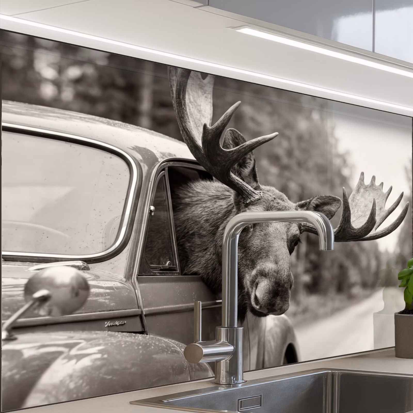 Revestimiento cocina - Alce - Coche - Cornamenta - Negro - Blanco — 1