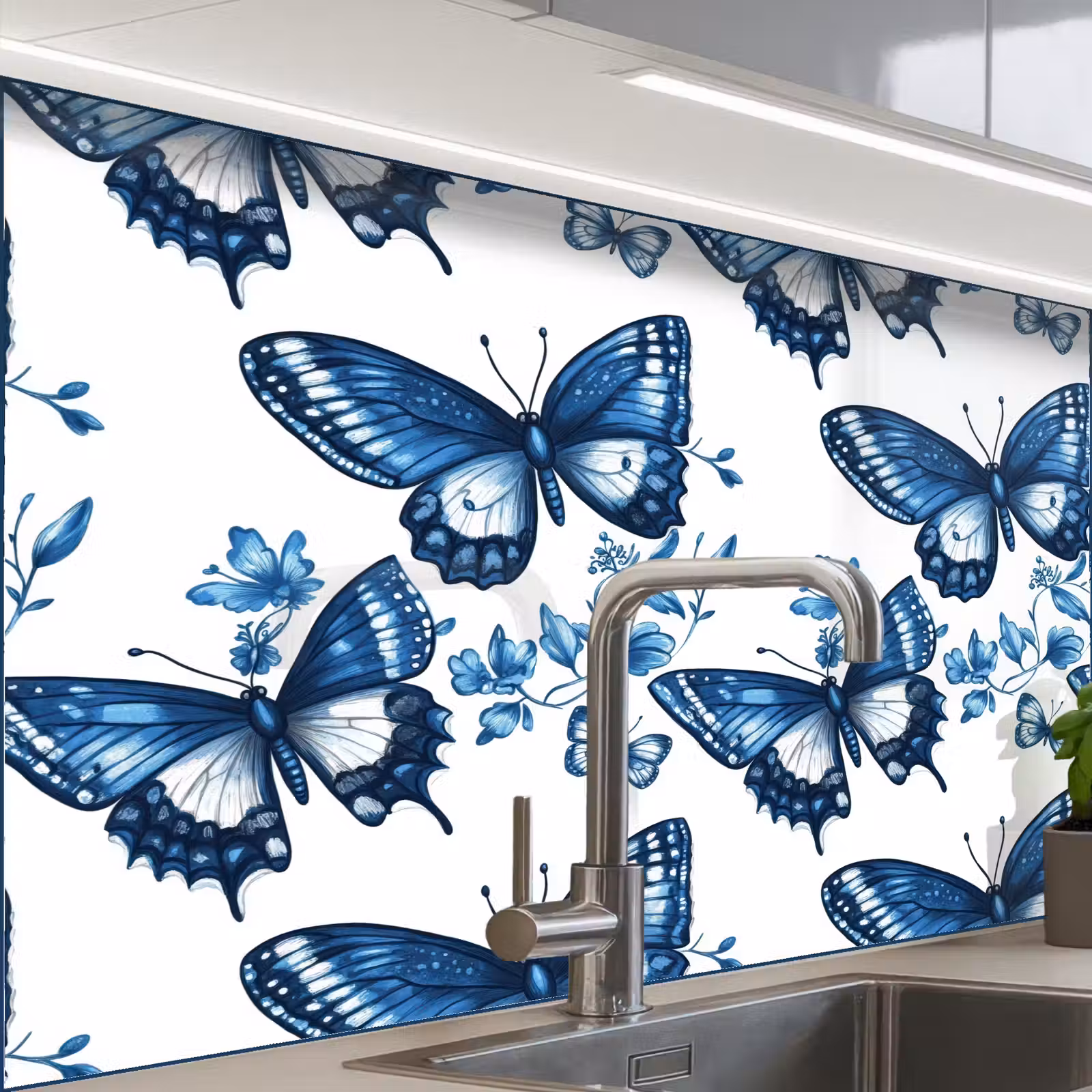 Revestimiento cocina - Azul - Mariposas - Flores - Blanco — 1