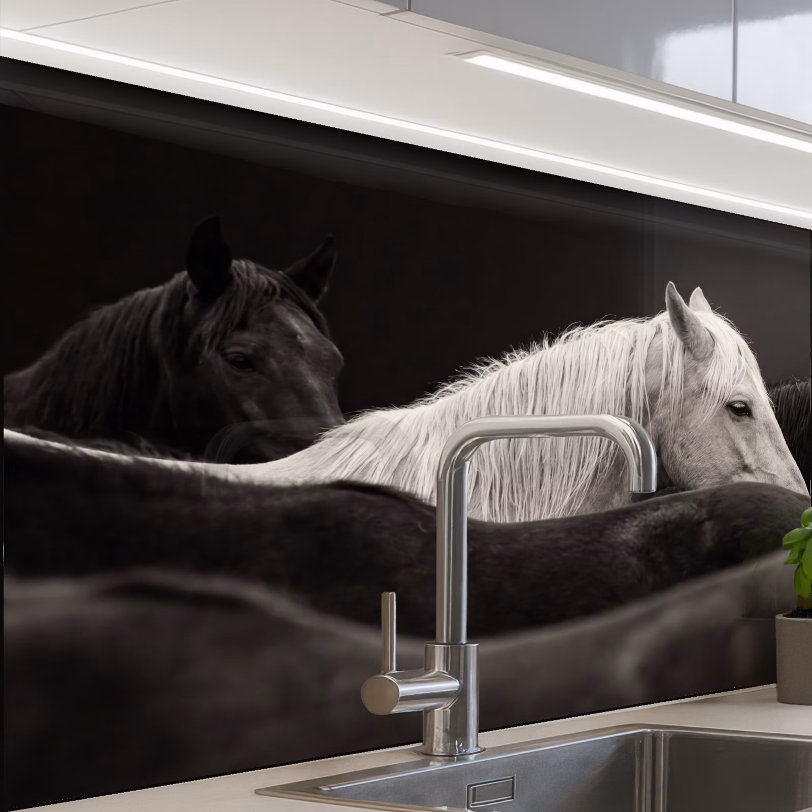 Revestimiento cocina - Caballos - Negro - Blanco - Manada — 1