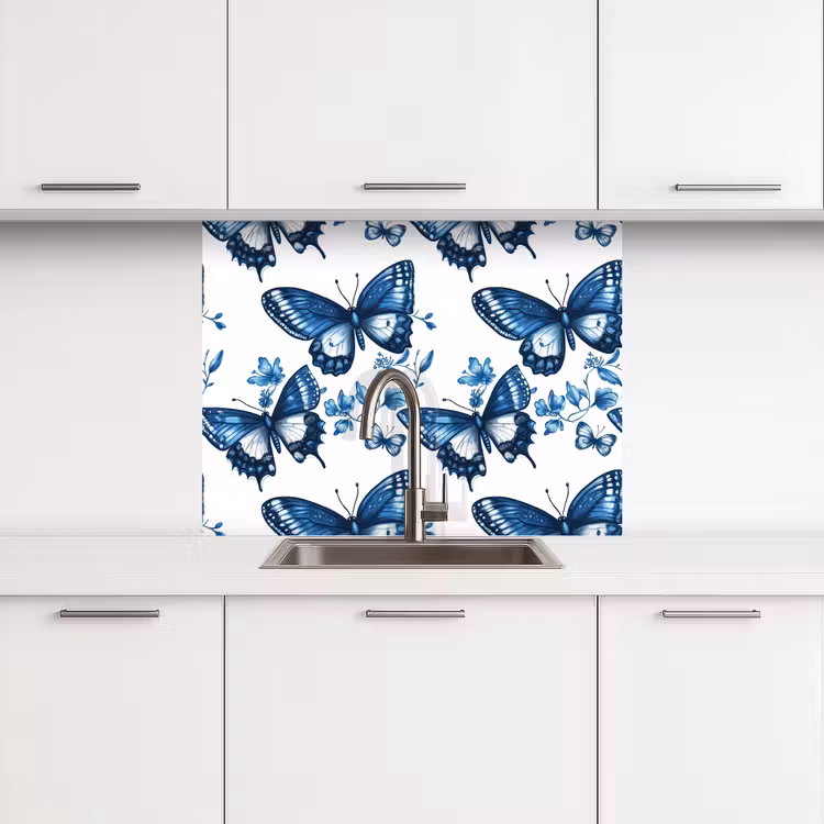 Revestimiento cocina - Azul - Mariposas - Flores - Blanco — 3