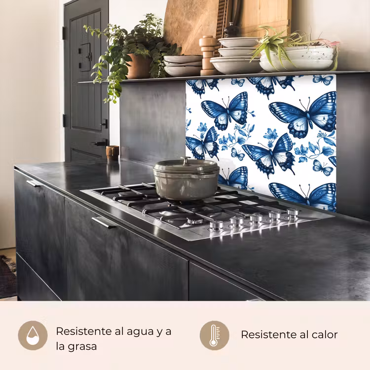 Revestimiento cocina - Azul - Mariposas - Flores - Blanco — 4
