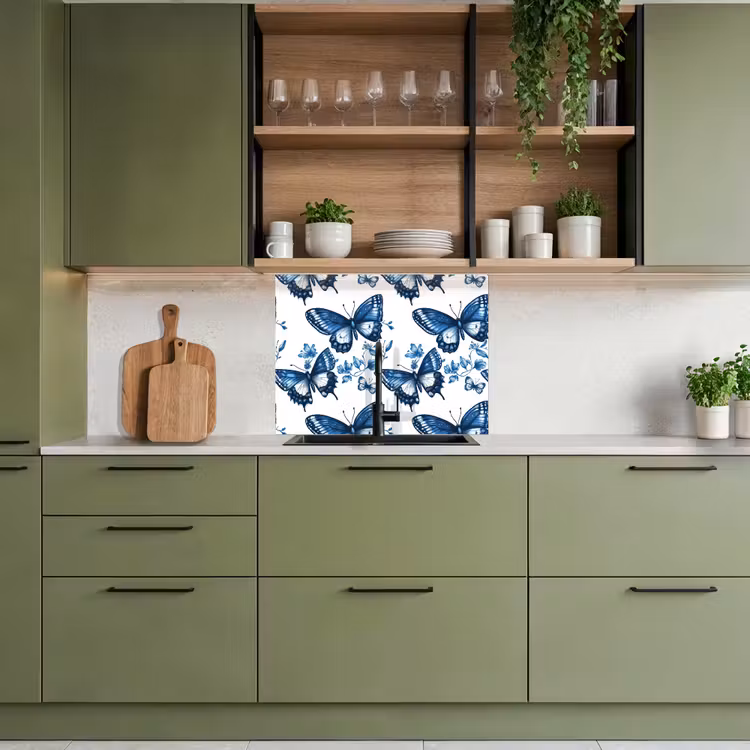 Revestimiento cocina - Azul - Mariposas - Flores - Blanco — 7