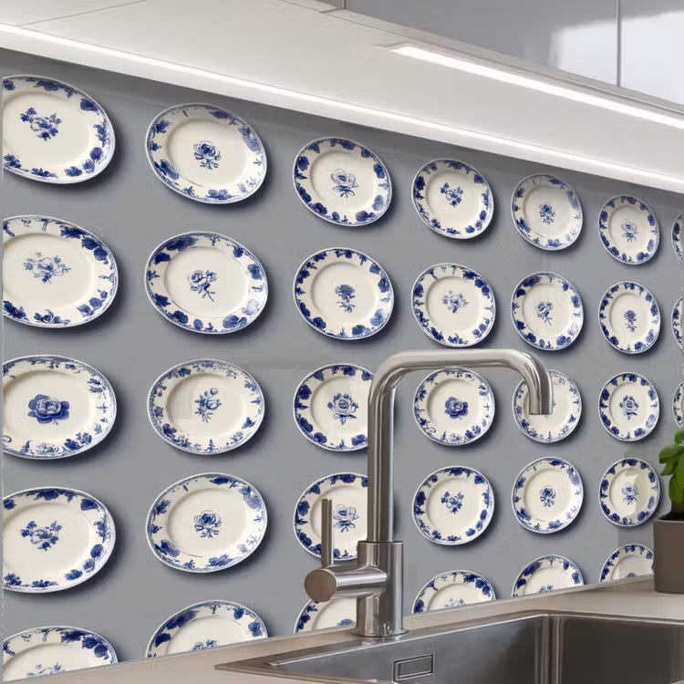 Revestimiento cocina - Platos - Flores - Azul - Blanco — 1