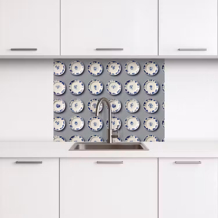 Revestimiento cocina - Platos - Flores - Azul - Blanco — 3