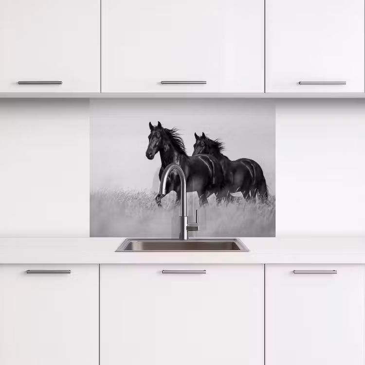 Revestimiento cocina - Caballos - Hierba - Negro - Blanco — 3