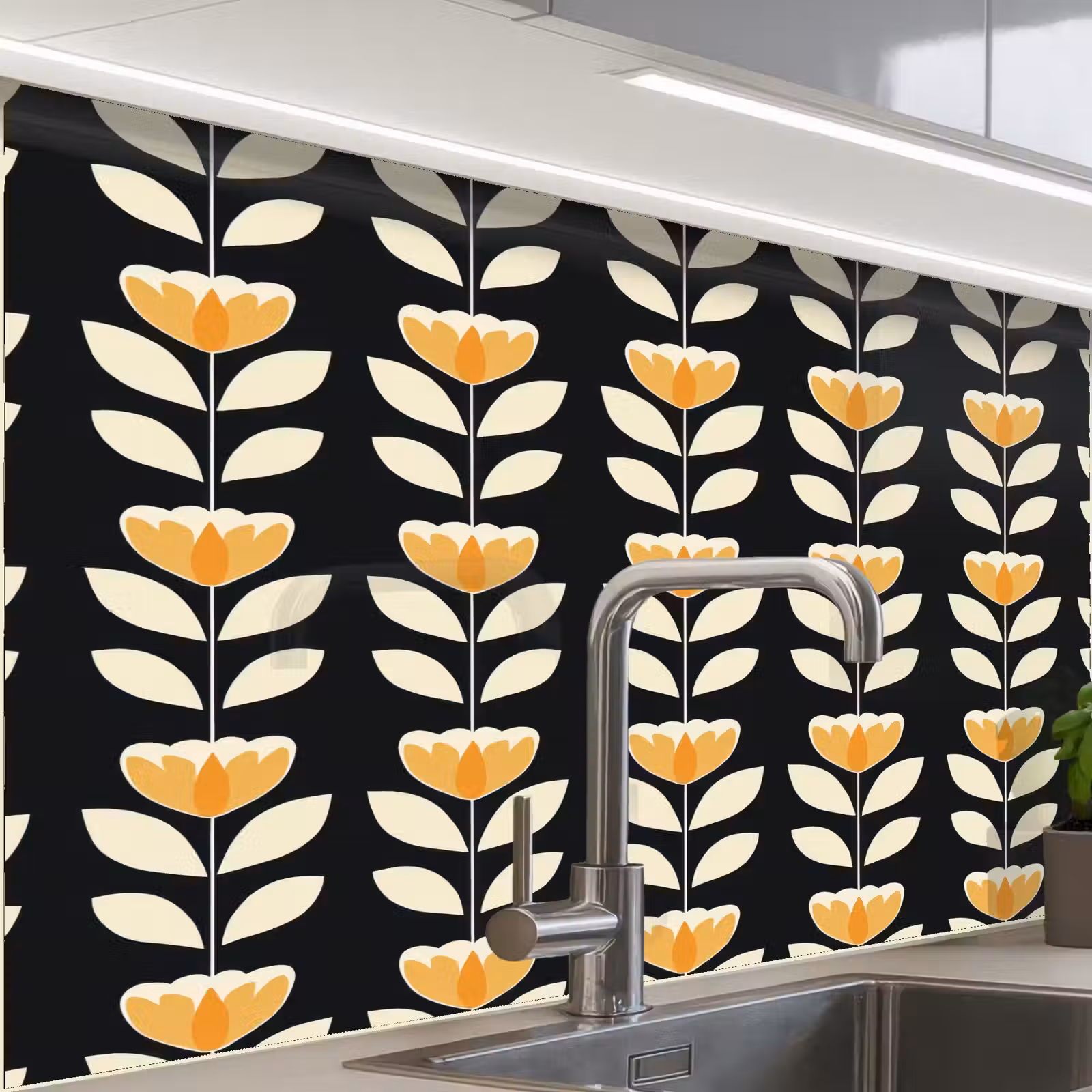 Revestimiento cocina - Retro - Flor - Negro - Amarillo ocre — 1