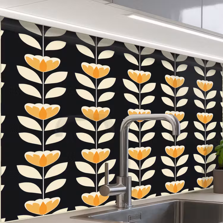 Revestimiento cocina - Retro - Flor - Negro - Amarillo ocre — 1