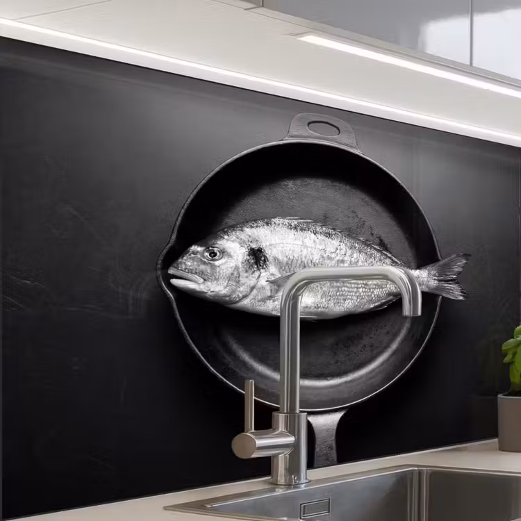 Revestimiento cocina - Sartén - Pescado - Negro - Blanco — 1