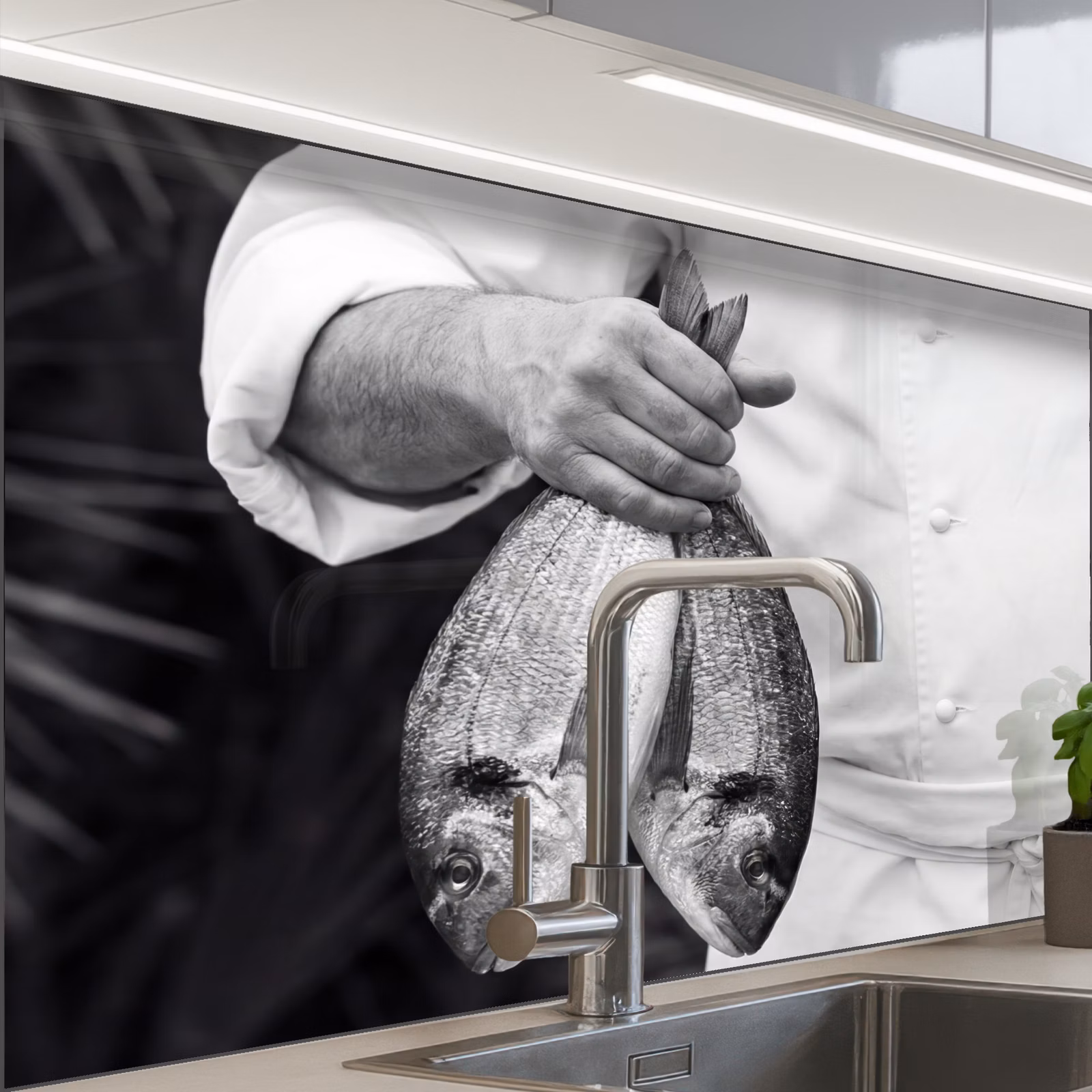 Revestimiento cocina - Pesca - Chef - Negro - Blanco — 1