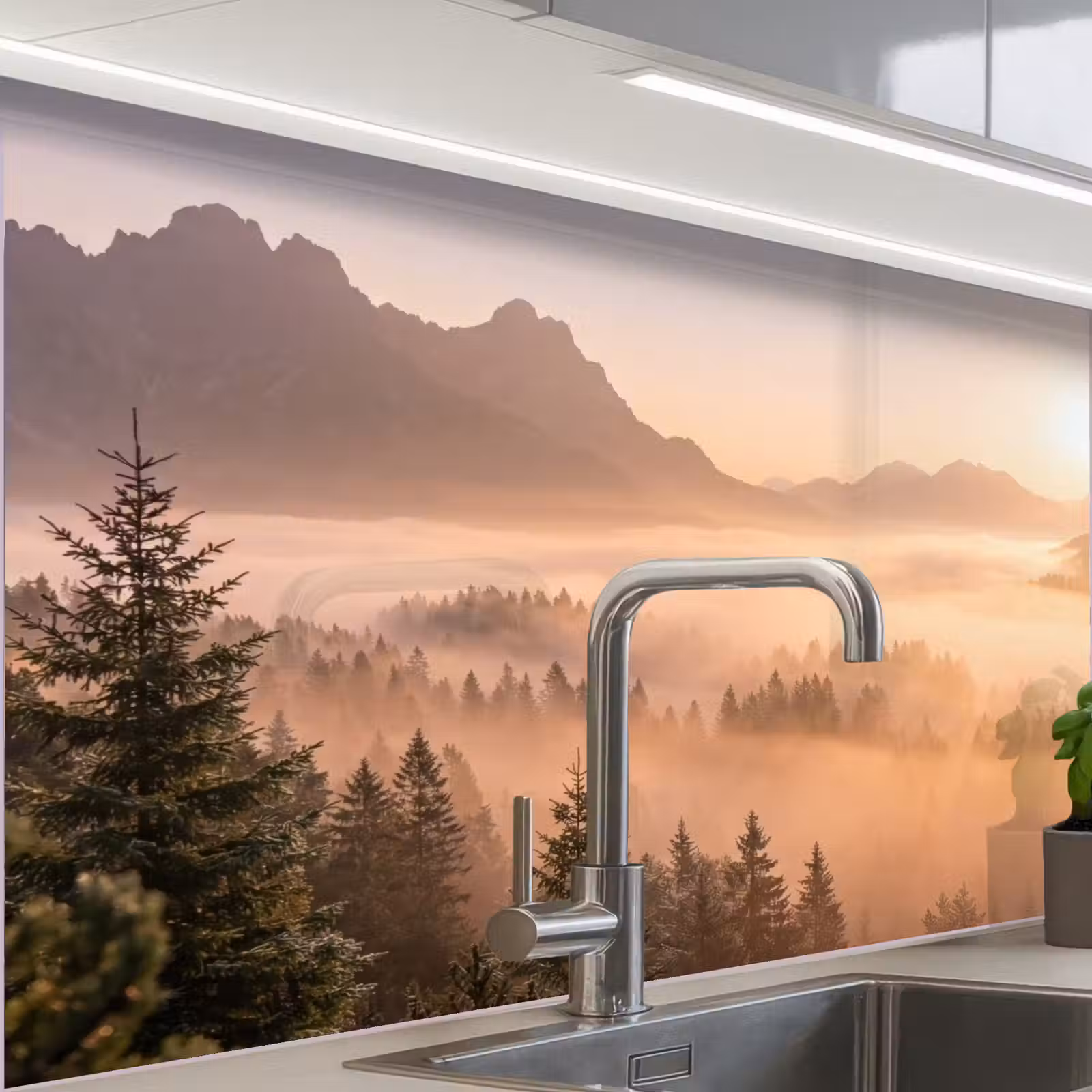 Revestimiento cocina - Luz solar - Niebla - Montañas - Árboles — 1