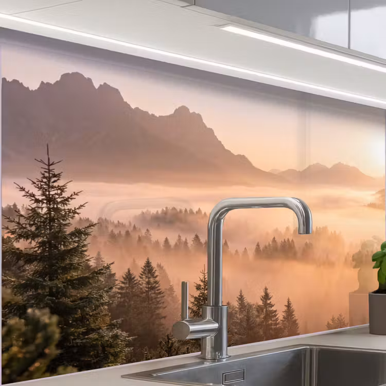 Revestimiento cocina - Luz solar - Niebla - Montañas - Árboles — 1