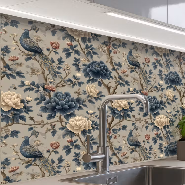 Revestimiento cocina - Pavo real - Flores - Azul — 1