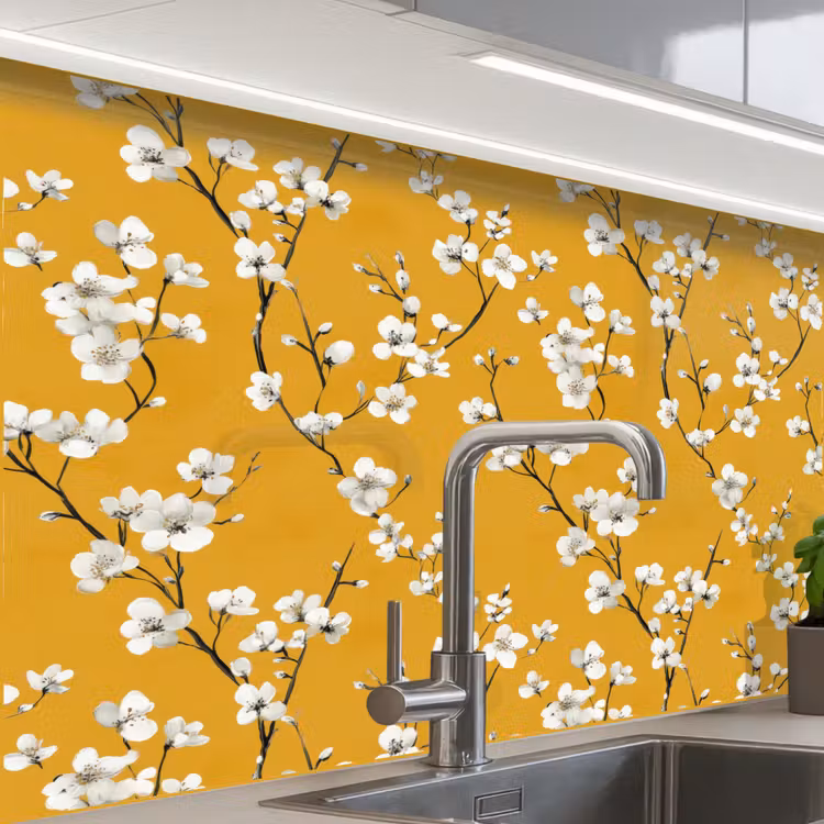 Revestimiento cocina - Rama en flor - Acuarela - Amarillo — 1
