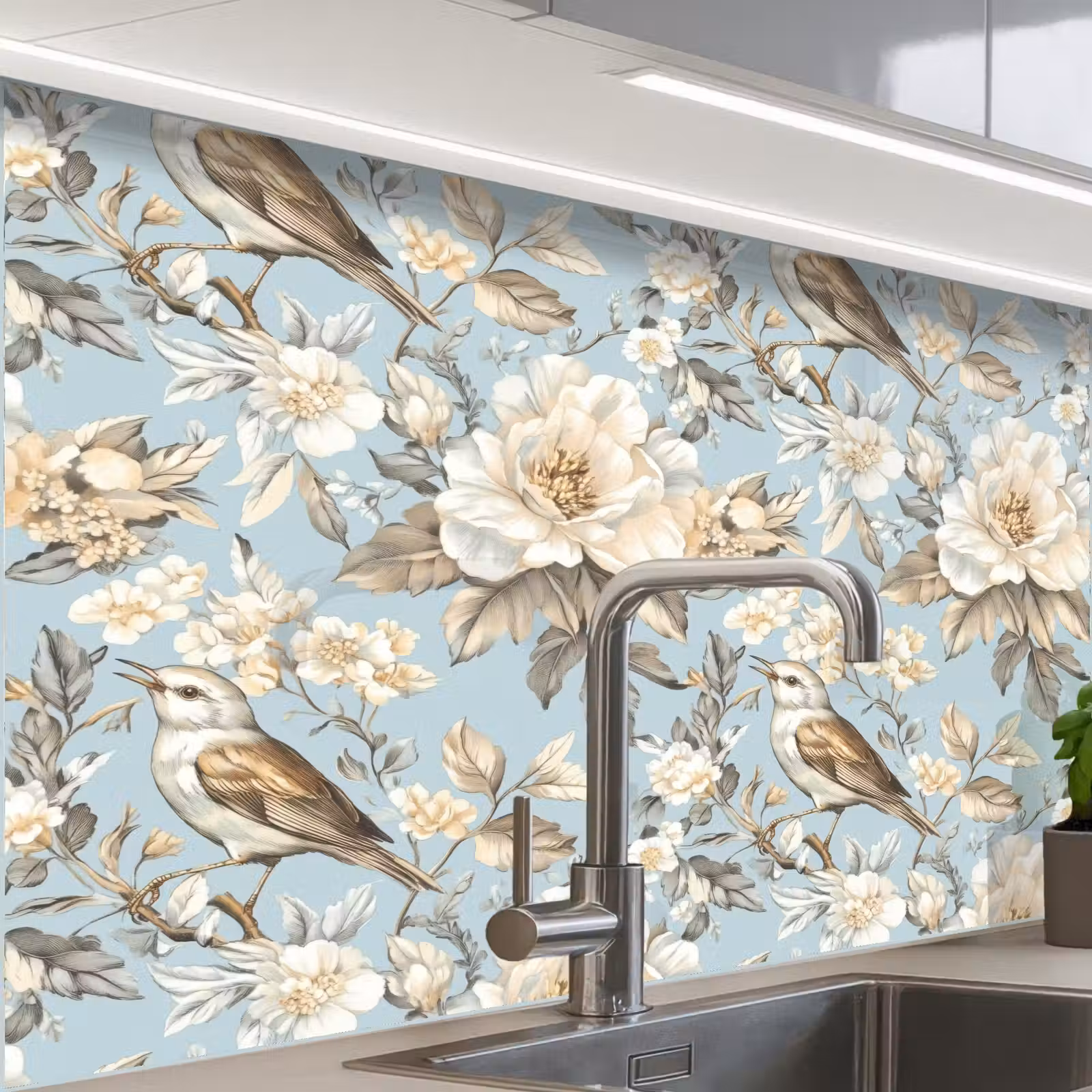 Revestimiento cocina - Botánico - Pájaro cantor - Azul — 1