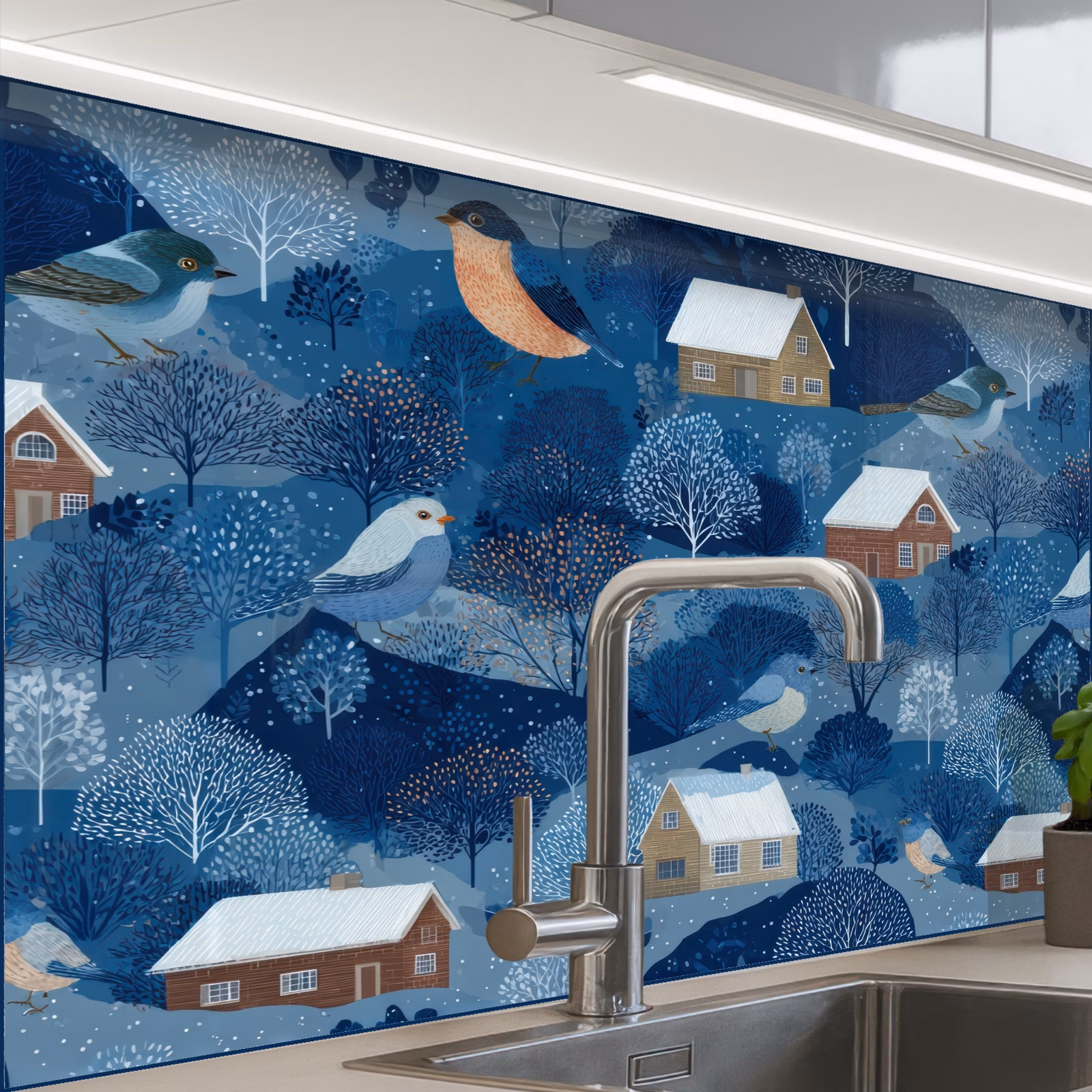 Revestimiento cocina - Casas - Pájaros - Nieve - Azul — 1