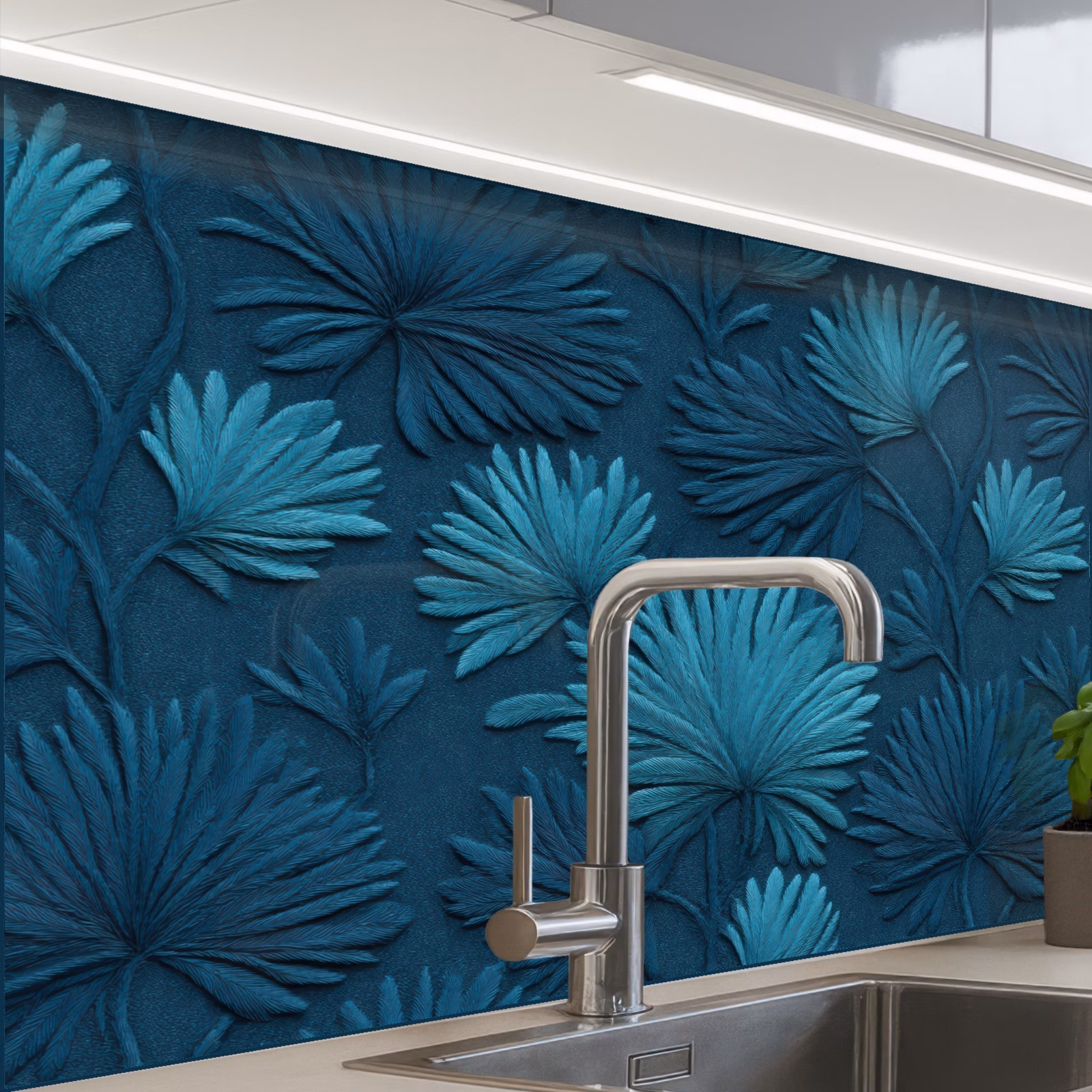 Revestimiento cocina - Hojas - En relieve - Patrón - Azul océano - Moderno — 1