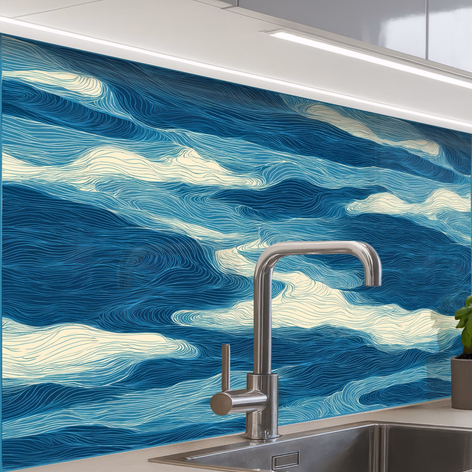 Revestimiento cocina - Olas - Abstracto - Patrón - Azul - Blanco — 1