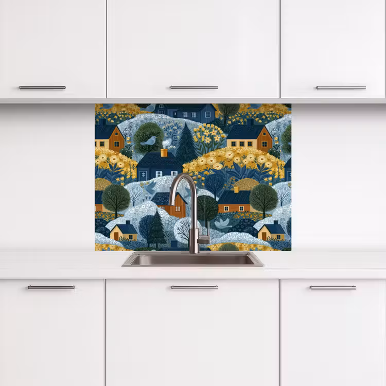 Revestimiento cocina - Casas - Flores - Patrón - Amarillo - Azul — 3