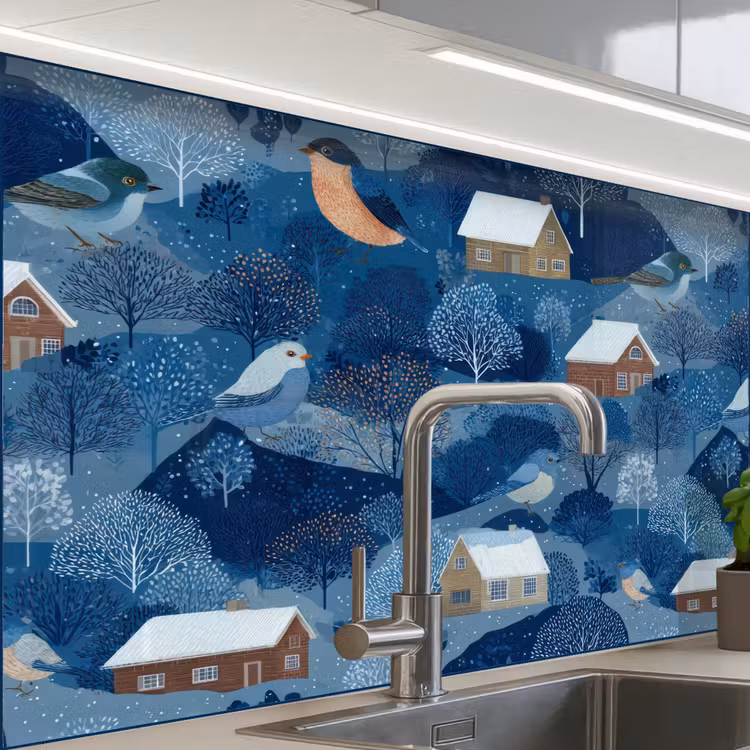 Revestimiento cocina - Casas - Pájaros - Nieve - Azul — 1