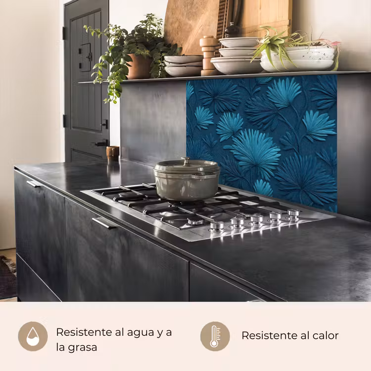 Revestimiento cocina - Hojas - En relieve - Patrón - Azul océano - Moderno — 4