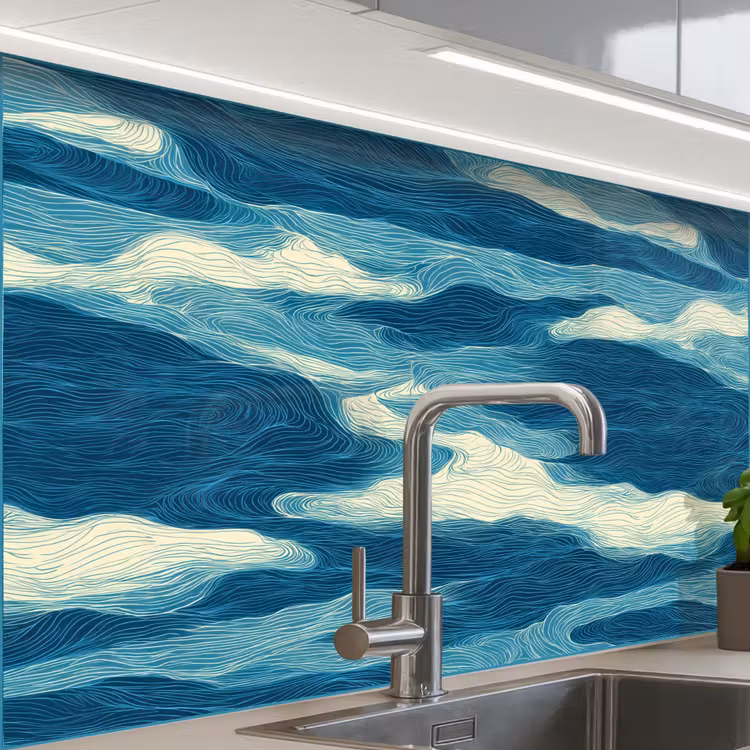 Revestimiento cocina - Olas - Abstracto - Patrón - Azul - Blanco — 1