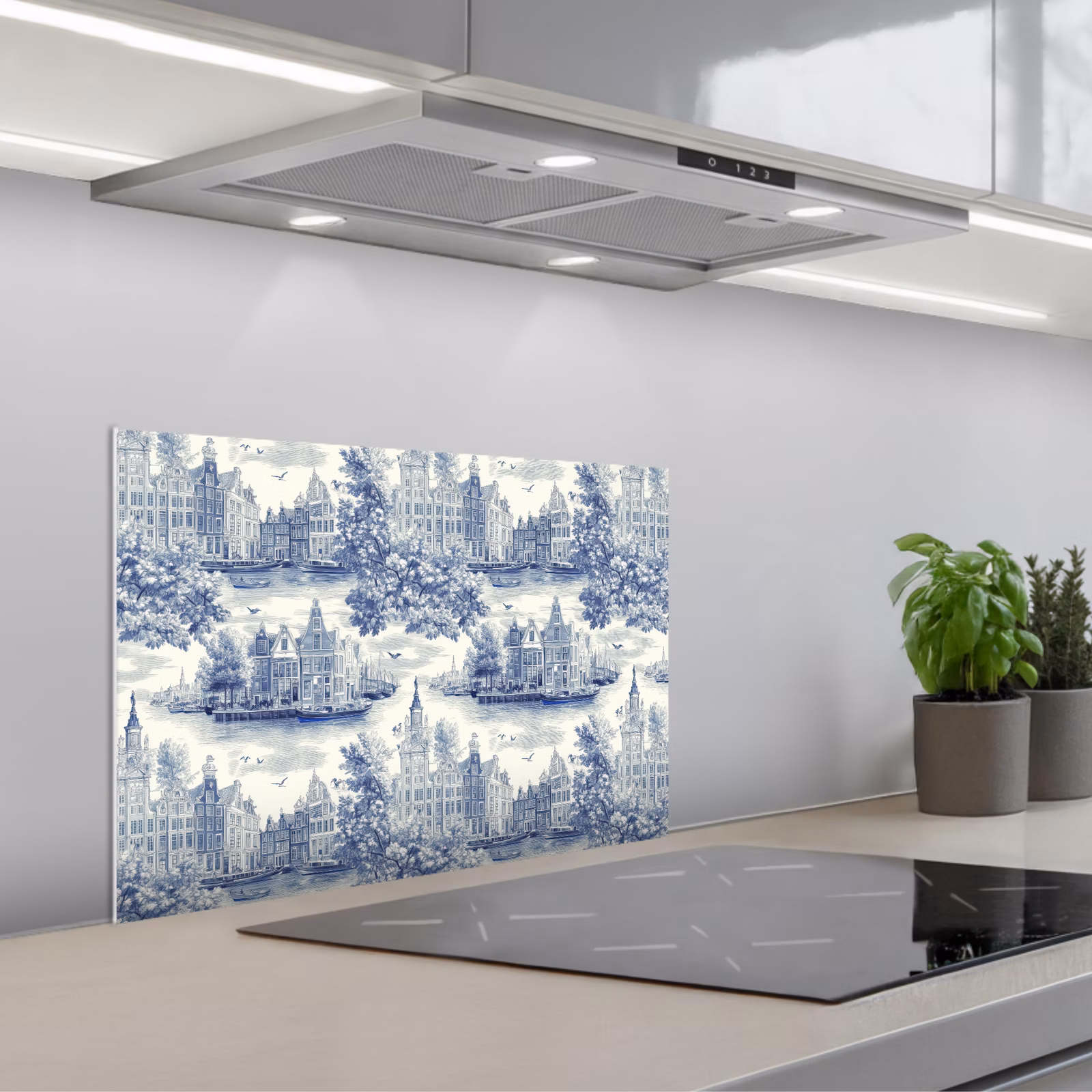 Salpicaderos de cocina - Casas - Árboles - Agua - Pájaros - Azul — 1