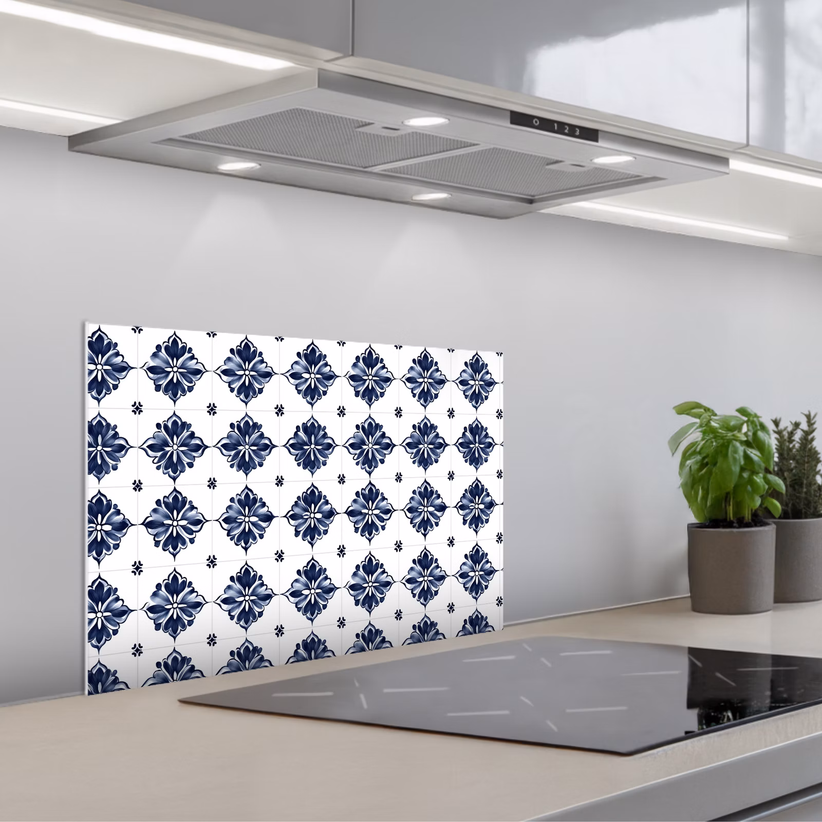 Salpicaderos de cocina - Motivo de azulejos - Azul - Blanco - Flor — 1