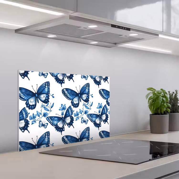 Salpicaderos de cocina - Azul - Mariposas - Flores - Blanco — 1