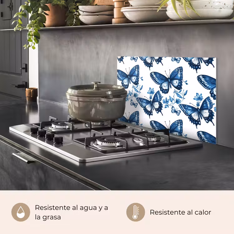 Salpicaderos de cocina - Azul - Mariposas - Flores - Blanco — 2
