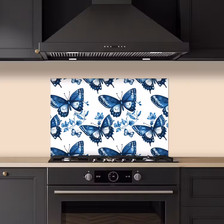 Salpicaderos de cocina - Azul - Mariposas - Flores - Blanco — 5