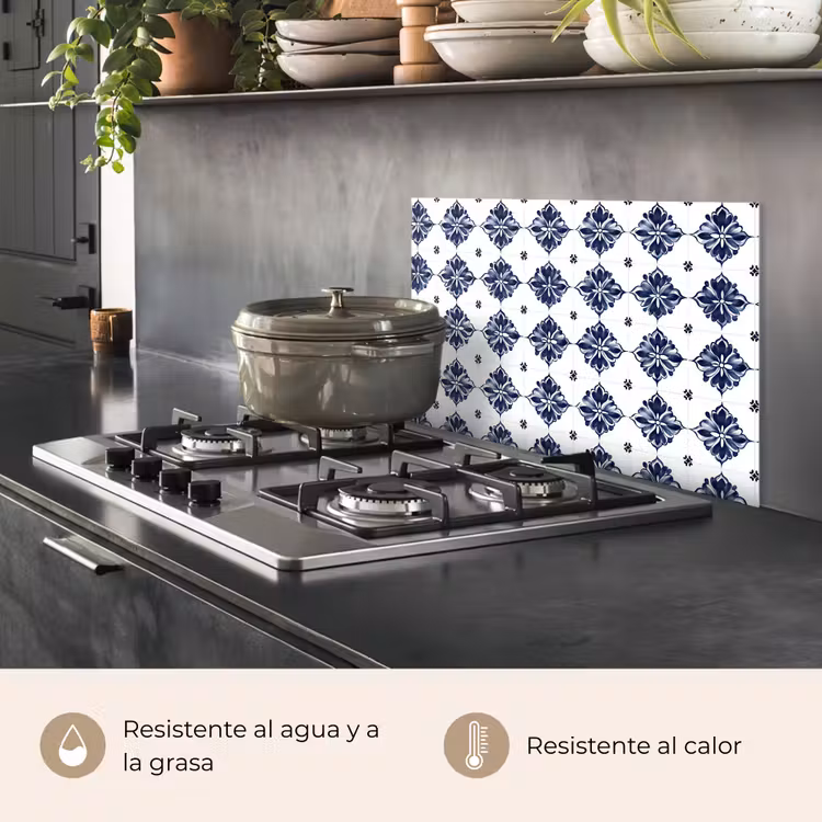 Salpicaderos de cocina - Motivo de azulejos - Azul - Blanco - Flor — 2