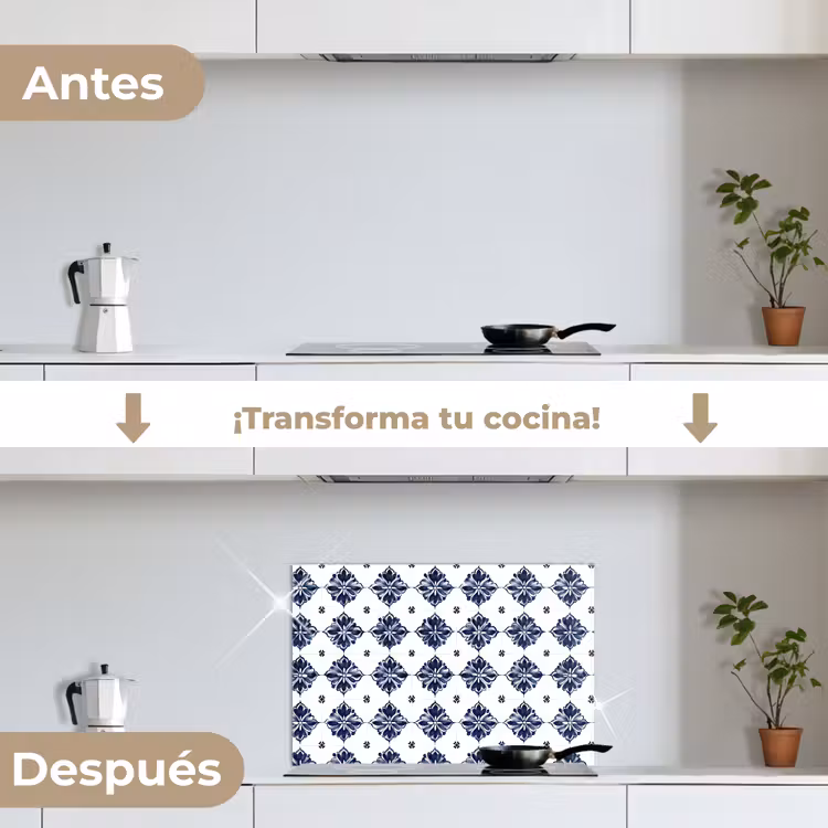 Salpicaderos de cocina - Motivo de azulejos - Azul - Blanco - Flor — 7