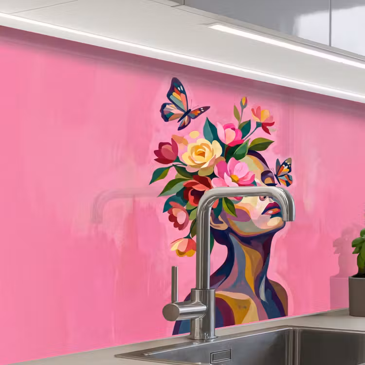 Revestimiento cocina - Rostro de mujer - Mariposas - Colorido — 1