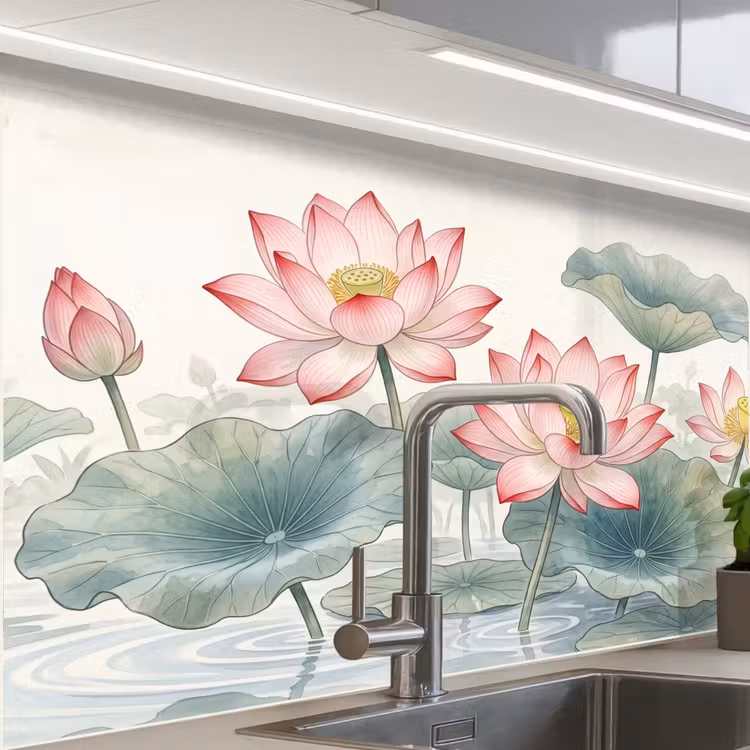 Revestimiento cocina - Acuarela - Flores de loto - Colorido — 1