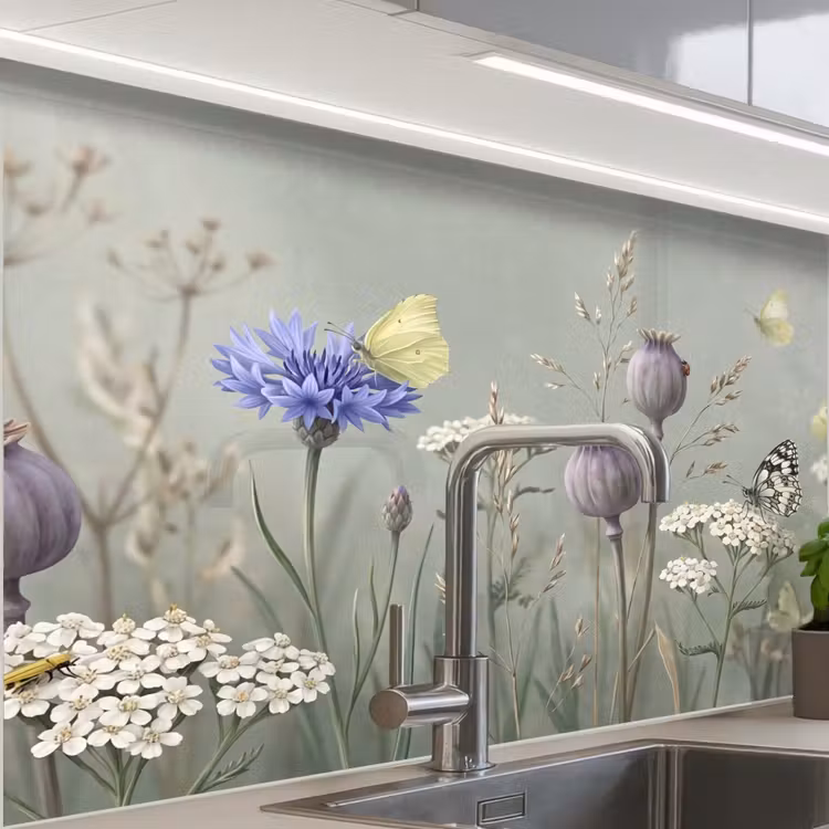 Revestimiento cocina - Mariposas - Flores silvestres - Ilustración - Colorido — 1