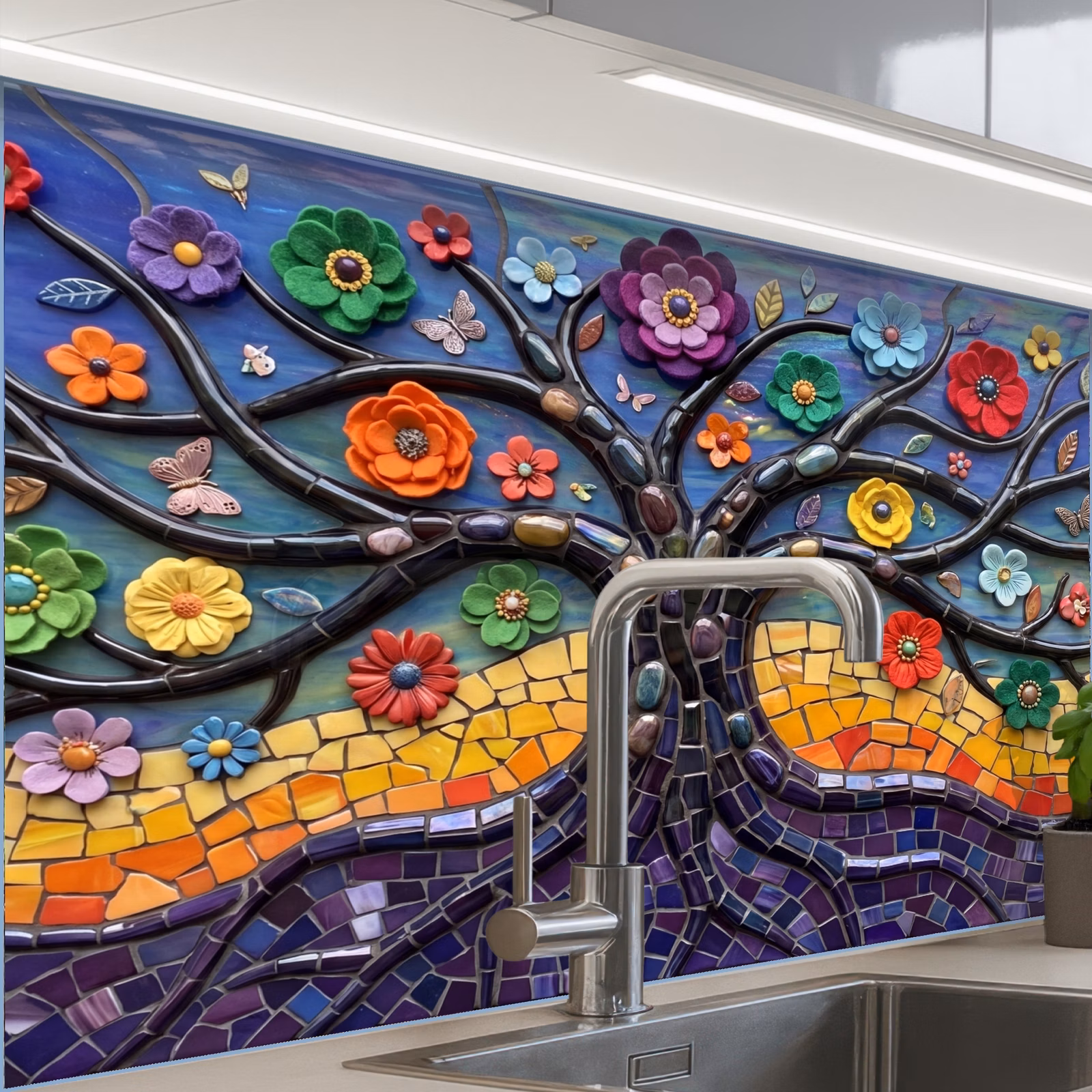 Revestimiento cocina - Árbol de la vida - Mosaico - Flores - Colorido - Alegre — 1