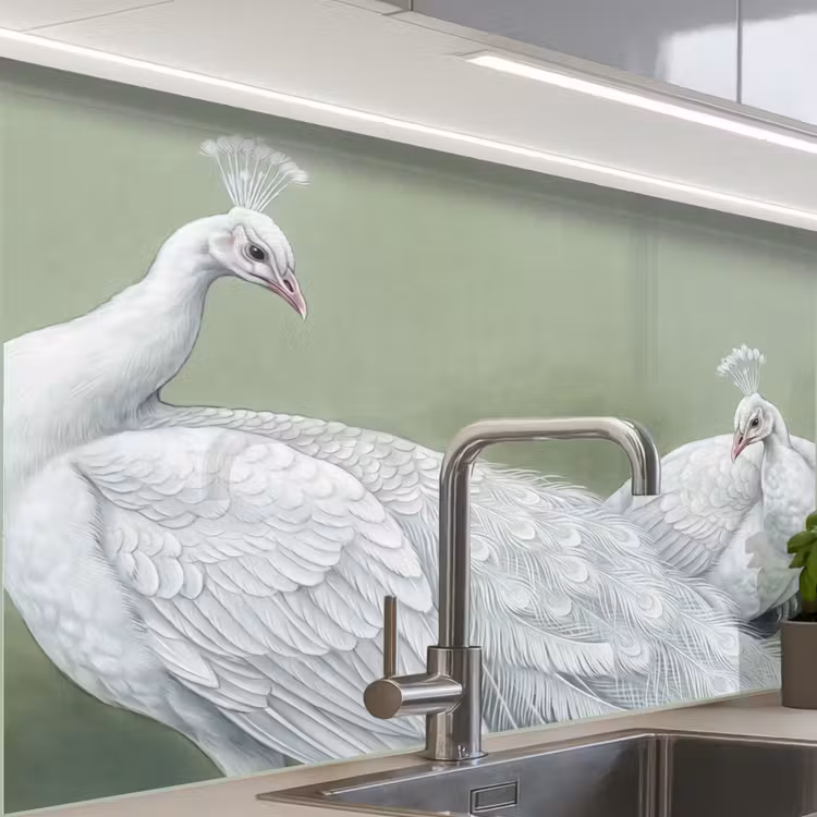 Revestimiento cocina - Pavos reales - Blanco - Naturaleza - Verde — 1