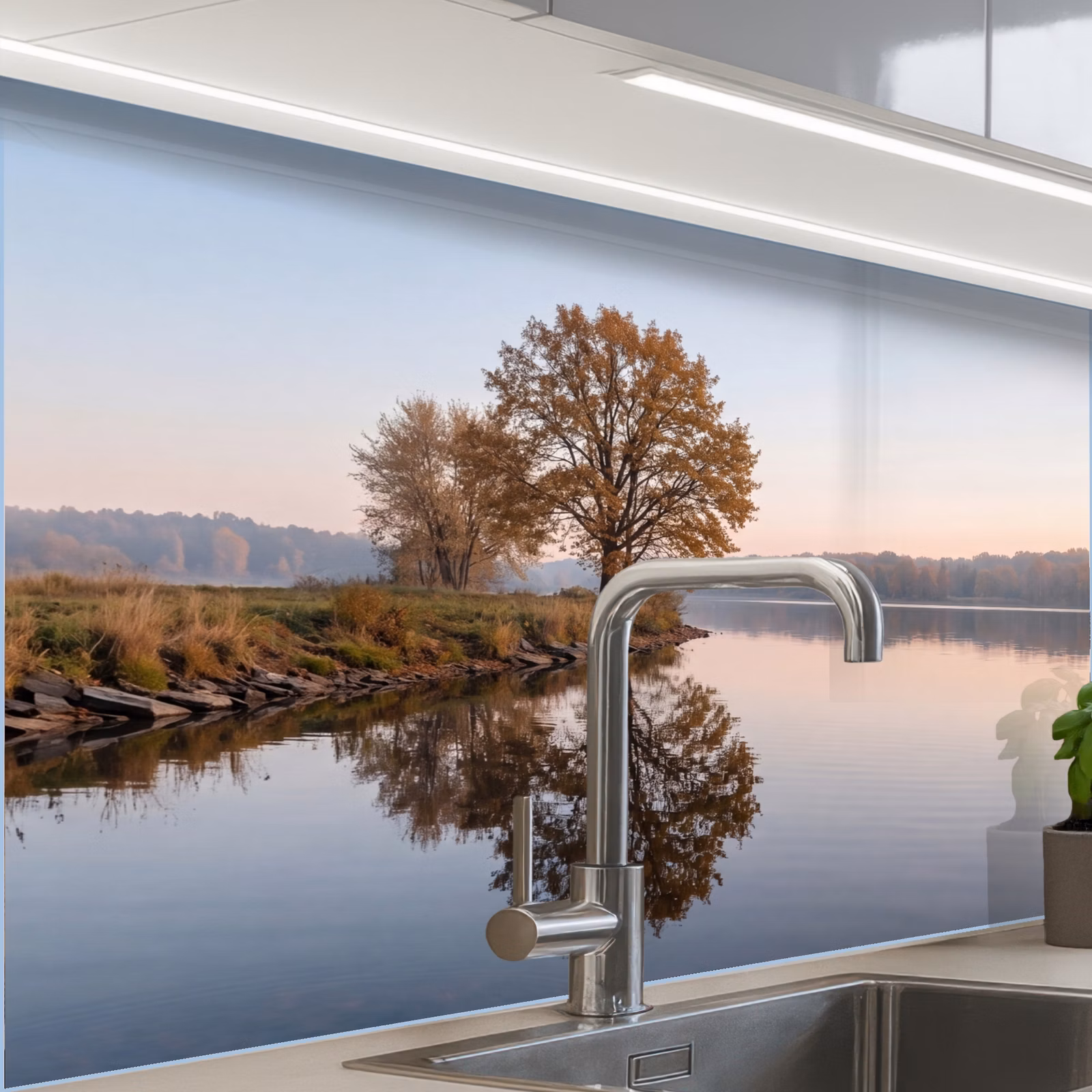 Revestimiento cocina - Árboles - Reflejo - Agua - Amanecer - Sereno — 1