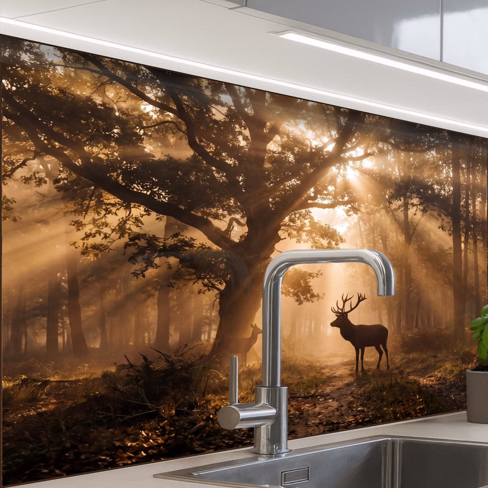 Revestimiento cocina - Ciervo - Bosque - Niebla - Naturaleza - Oro — 1